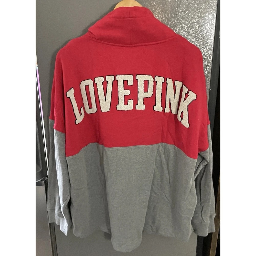 VICTORIA SECRET PINK Women's XL VARSITY COWL NECK PULLOVER RED PEPPER GREY EUC